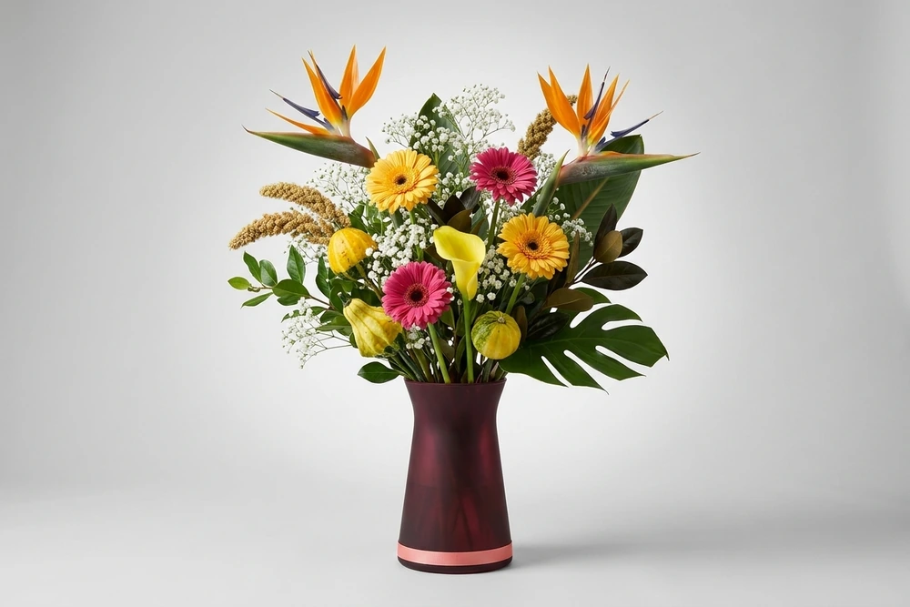 Arranjo Tropical Elegante com Vaso de Vidro
