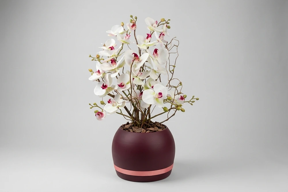 Arranjo Artificial de Orquídeas Brancas no Vaso de Vidro