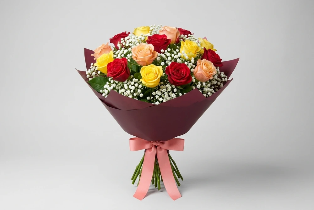 Buquê Real de Rosas Multicoloridas 24 Rosas Colombianas