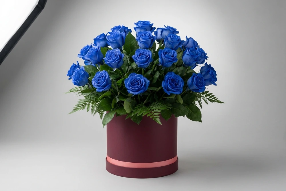Caixa Azul Royal – 25 Rosas Azuis