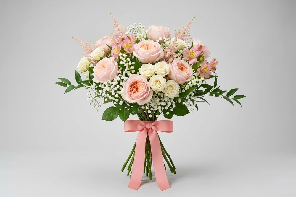 Buquê Cascata de Noiva com Rosas e Detalhes Delicados