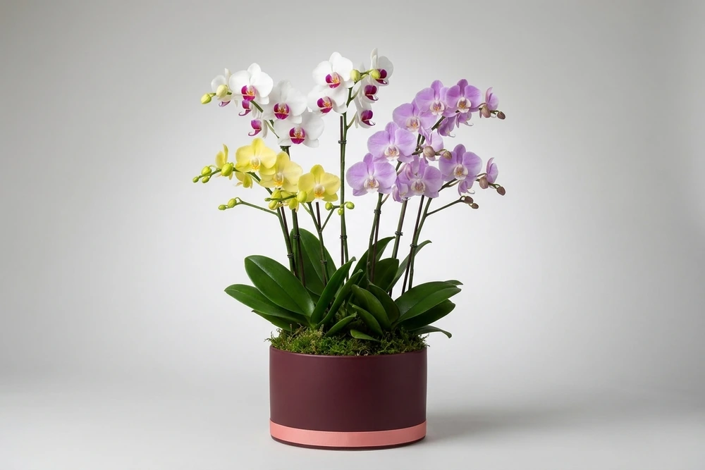 Arranjo Colorido de Mini Orquídeas em Vaso de Cerâmica