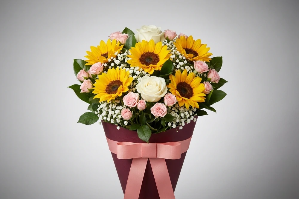 Buquê Misto com Girassol, Rosas e Mini Rosas