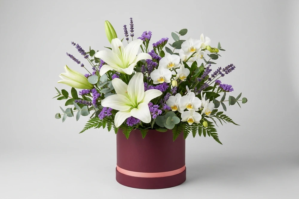 Arranjo de Lírios e Orquídeas em Caixa Luxuosa - Elegância e Beleza