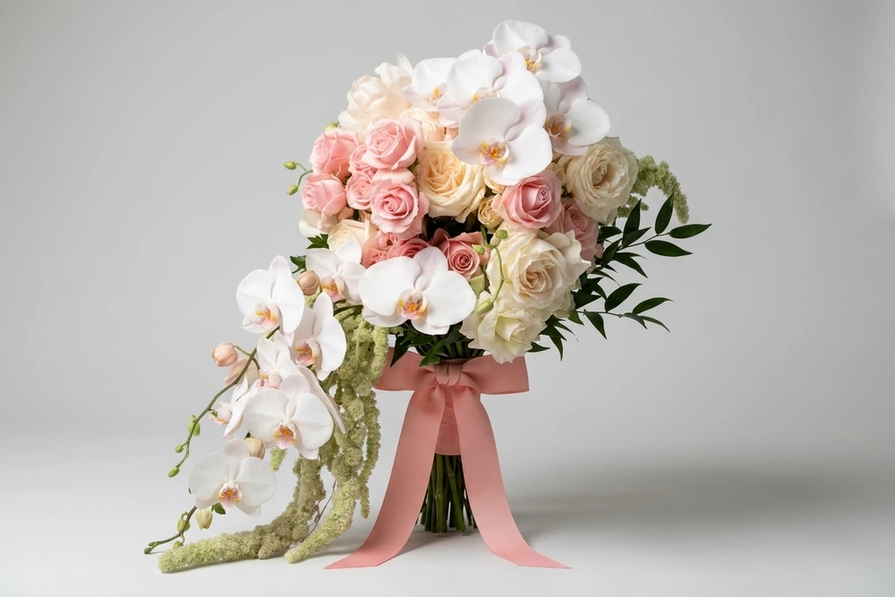Buquê de Noiva Cascata com Orquídeas e Rosas