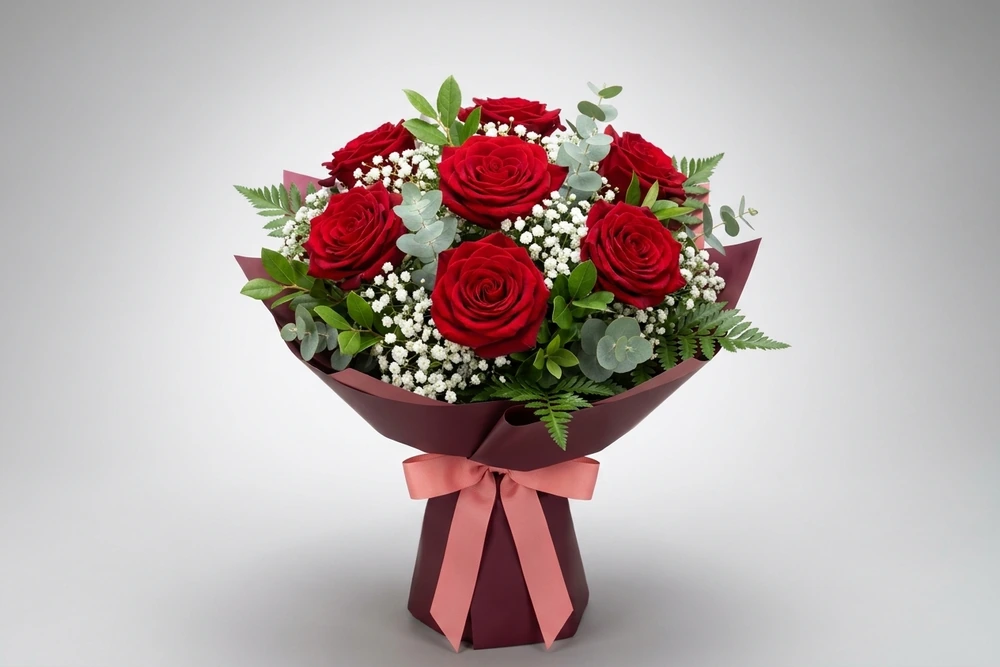 Buquê de 6 rosas vermelhas Colombianas com embrulho especial