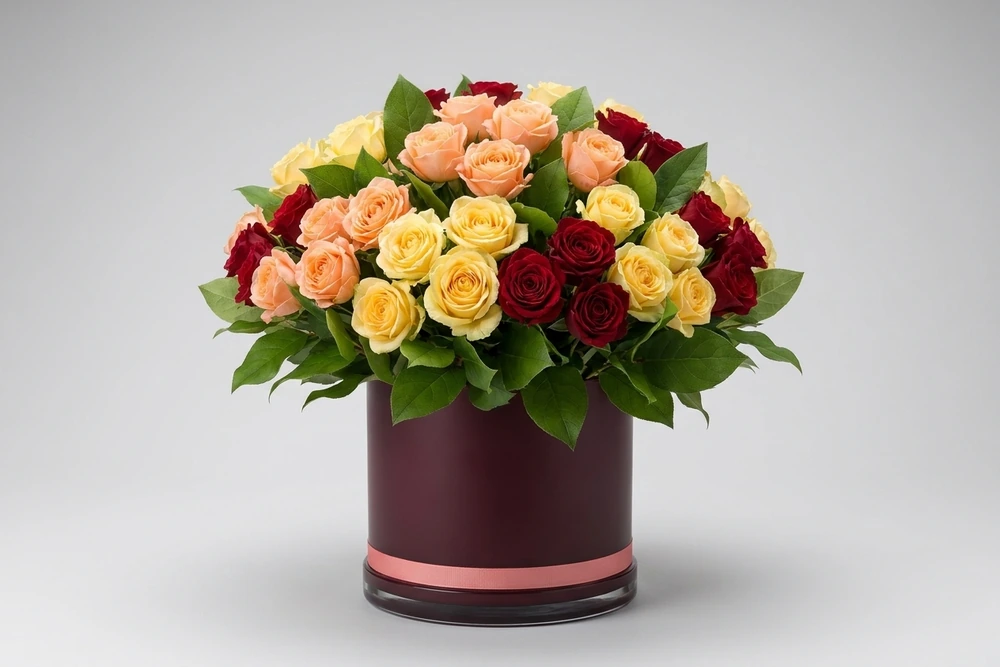 Arranjo de Mini Rosas em Vaso de Vidro - Elegância e Cores Suaves
