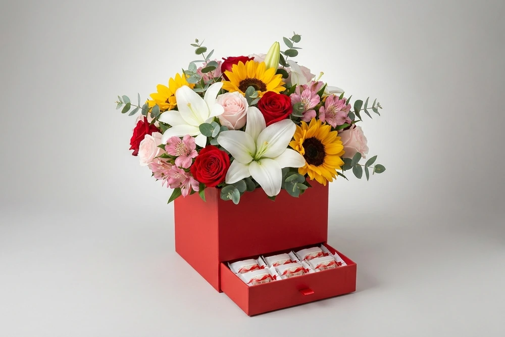 Caixa Floral Colorida com Girassol e Chocolates