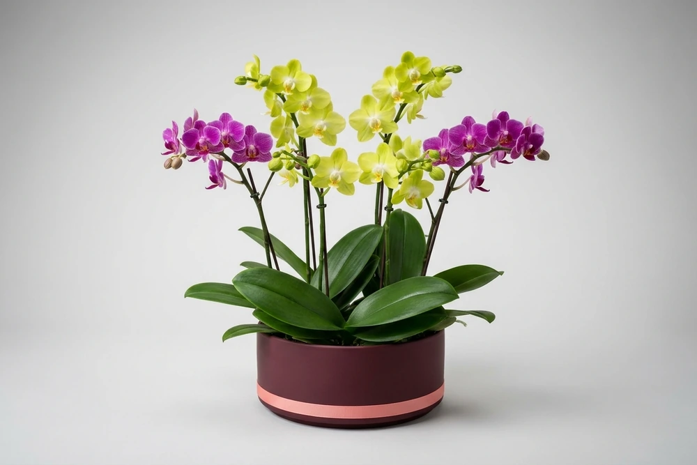 Arranjo Exclusivo com Quatro Orquídeas Mini em Vaso Luxuoso