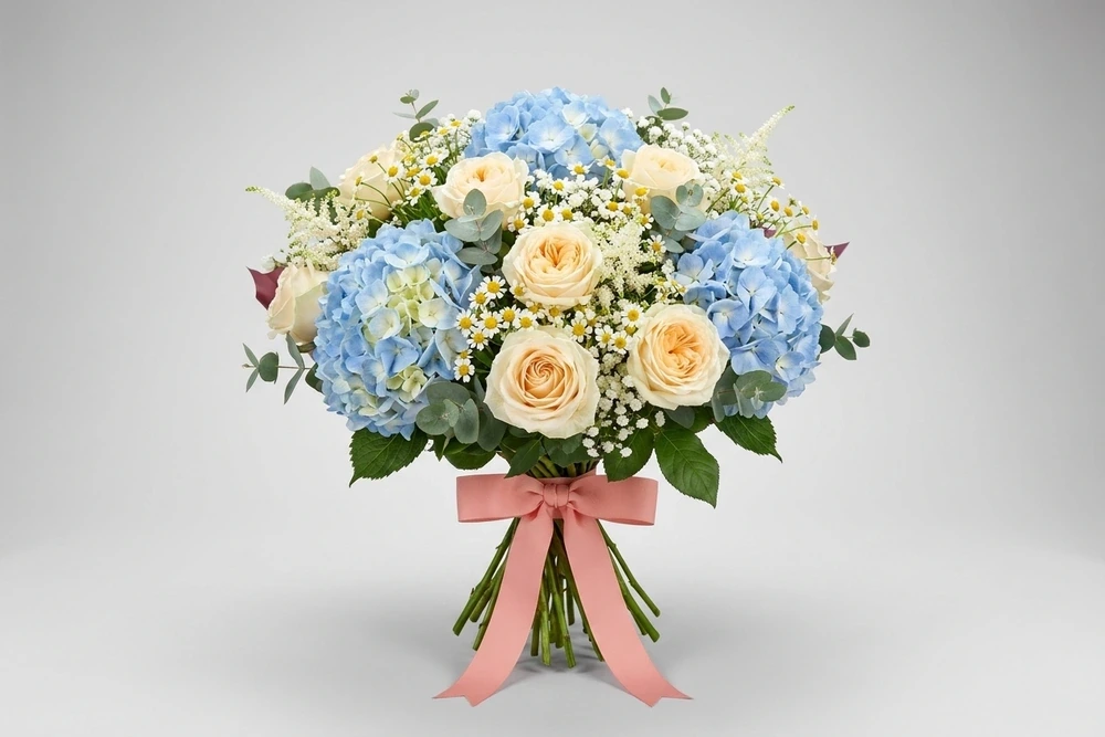 Buquê de Noiva com Hortênsias Azuis, Rosas cor de Rosa e Eucalipto