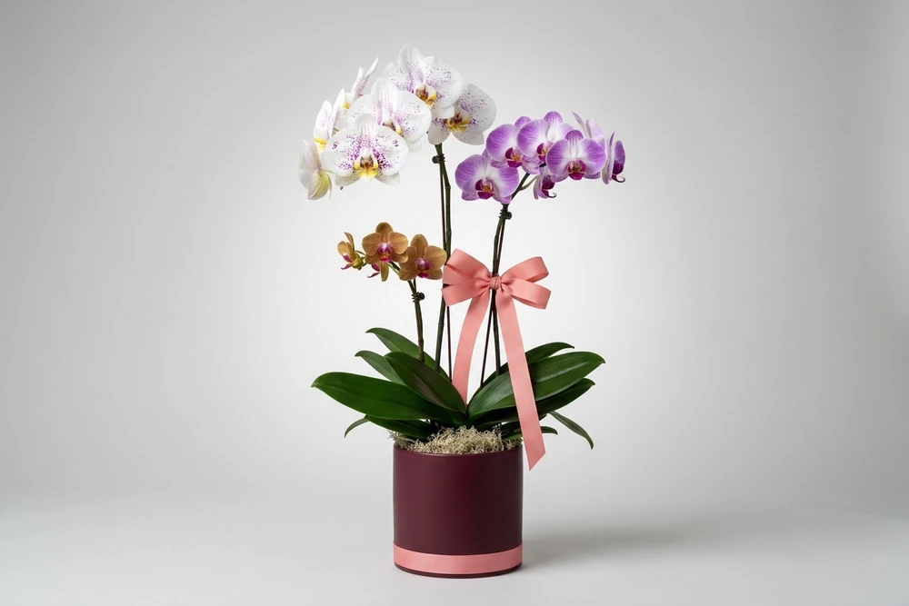 Arranjo Elegante de Três Orquídeas em Vaso de Cerâmica