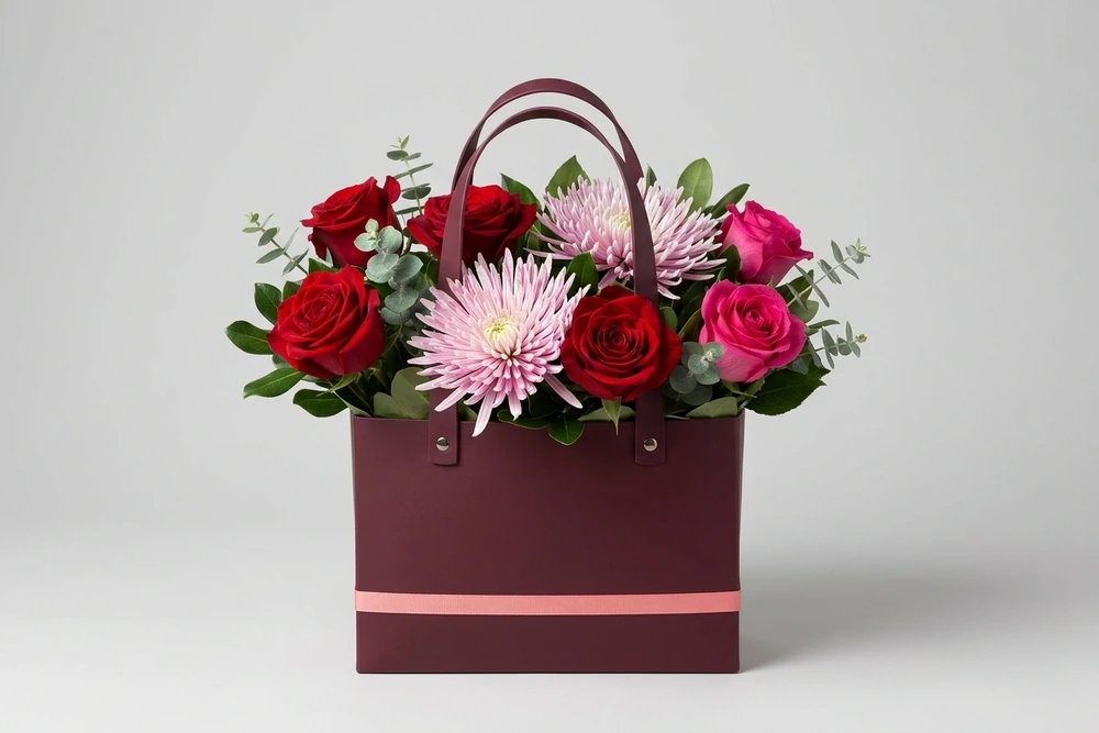 Arranjo Luxuoso em Bolsa Preta com Rosas Vermelhas e Flores Exóticas