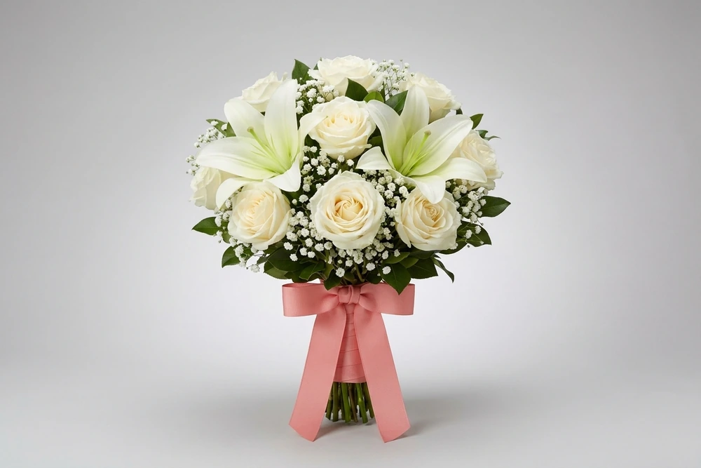 Buquê de Noiva com Lírios e Rosas Brancas - Elegância e Sofisticação