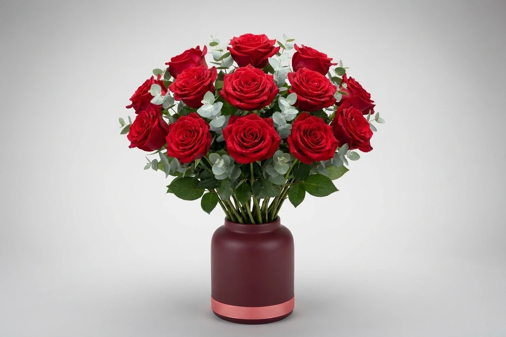Arranjo Clássico de Rosas Vermelhas com Vaso de Porcelana