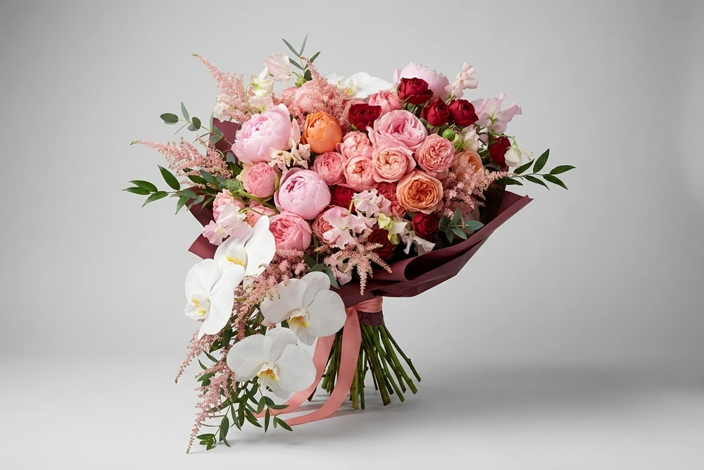Buquê Cascata de Noiva com Peônias, Orquídeas e Rosas Românticas