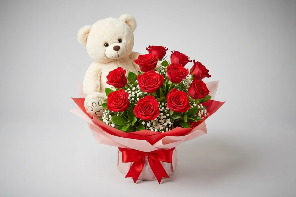 Ursinho com Buquê de 10 Rosas Vermelhas