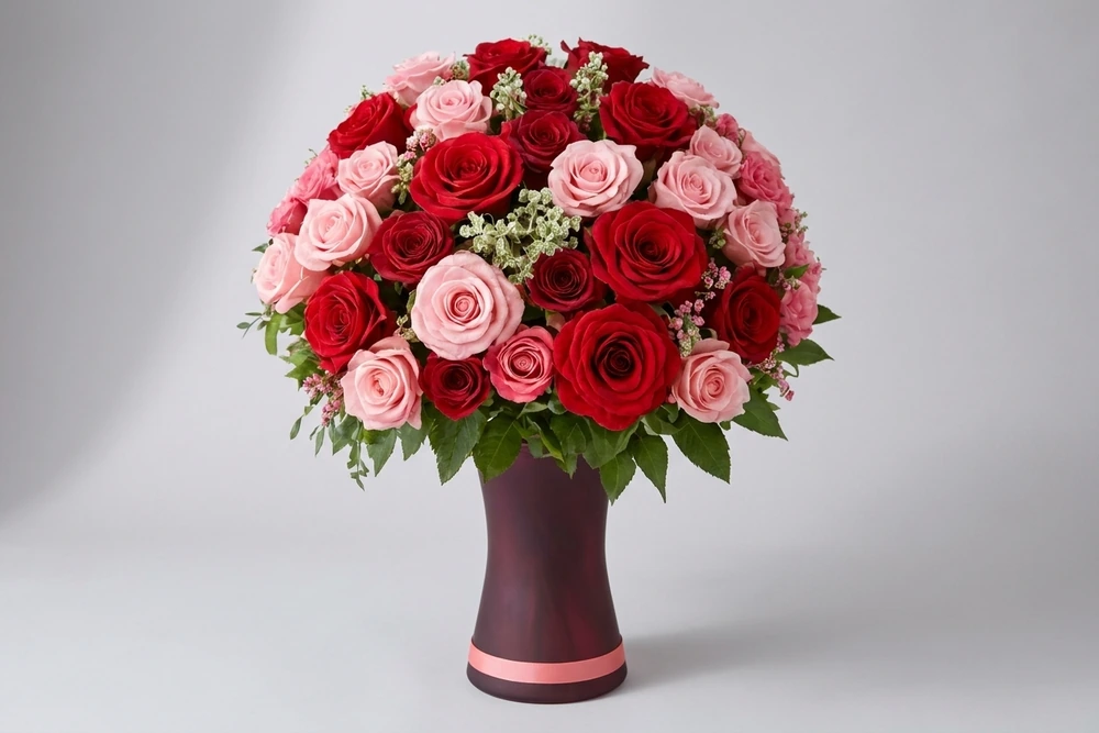 Arranjo de Rosas Vermelhas e Rosas - Paixão e Delicadeza