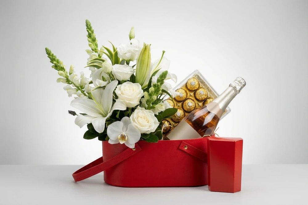 Cesta de Flores Brancas Luxuosas com Orquídeas e Espumante - Um Presente de Elegância e Sabor