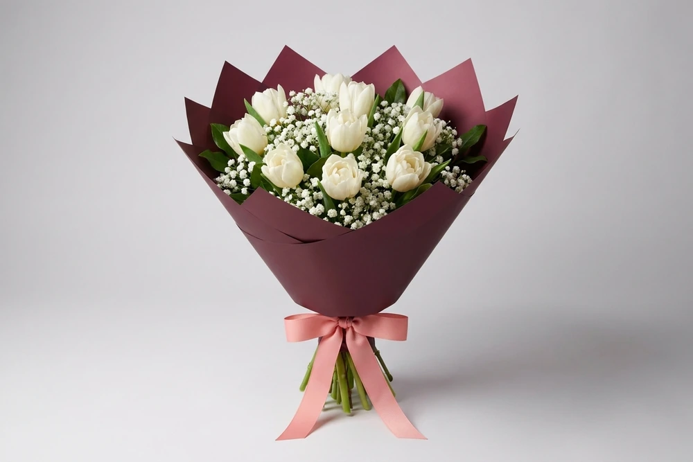 Buquê Delicado com 10 Tulipas Brancas