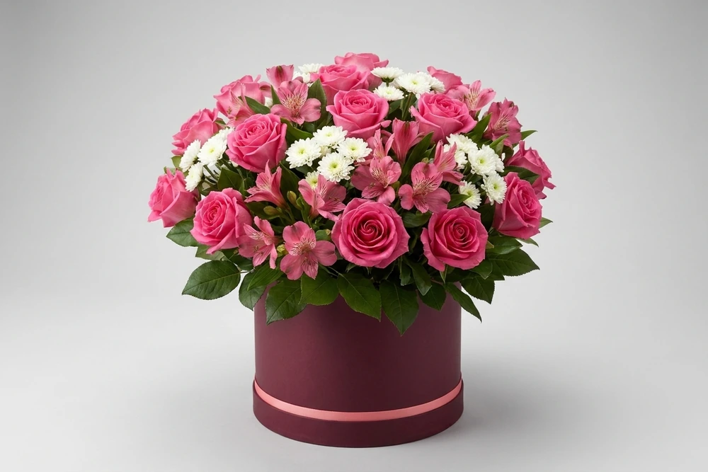 Arranjo Luxuoso com Rosas e Alstroemerias em Caixa