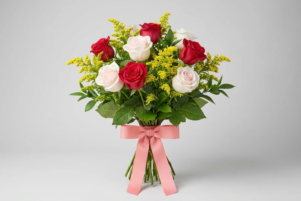 Buquê elegante com rosas vermelhas e rosas claras
