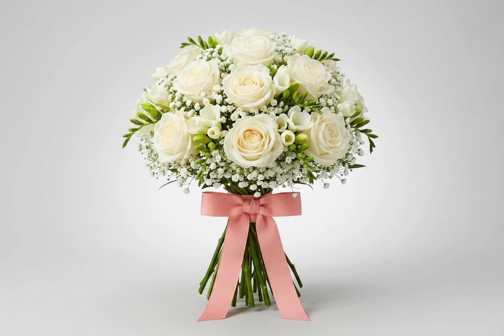 Buquê Elegante de Noiva com Rosas Brancas e Freesias