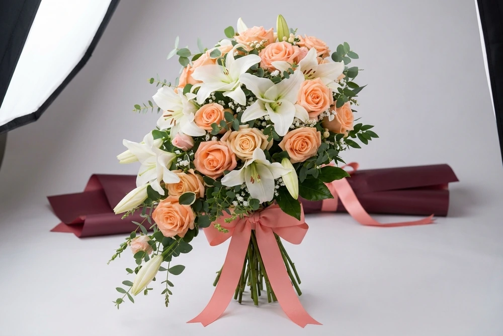Buquê de Noiva Cascata com Rosas Pêssego e Lírios Brancos
