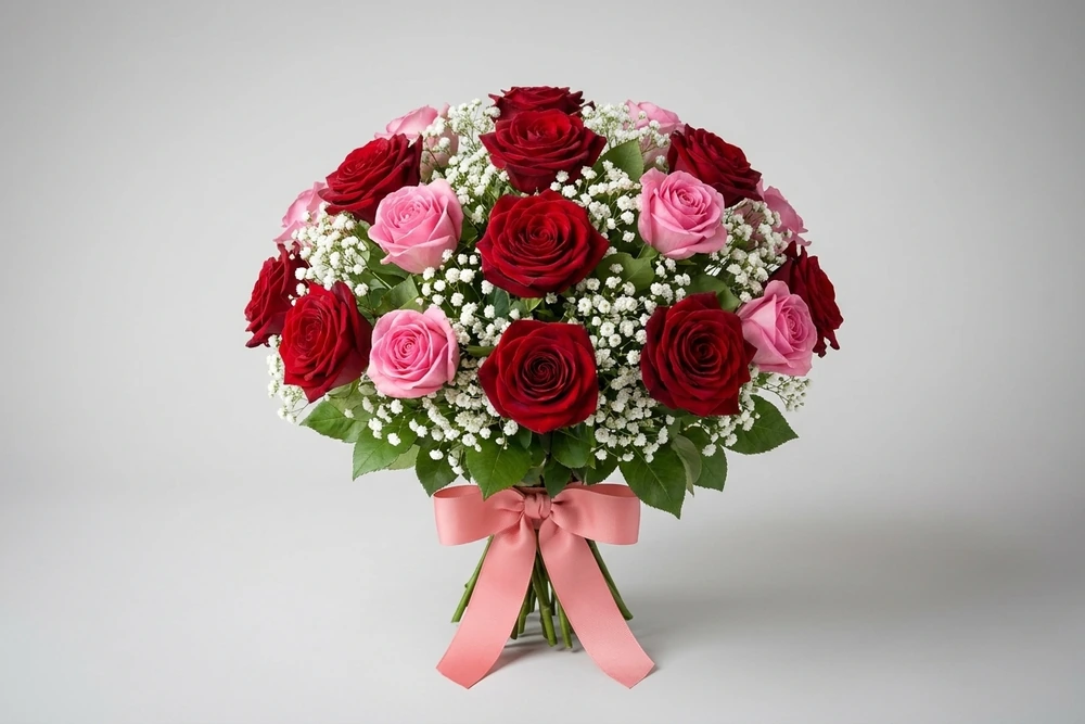 Exclusivo: Buquê de 18 rosas vermelhas e rosas Colombianas