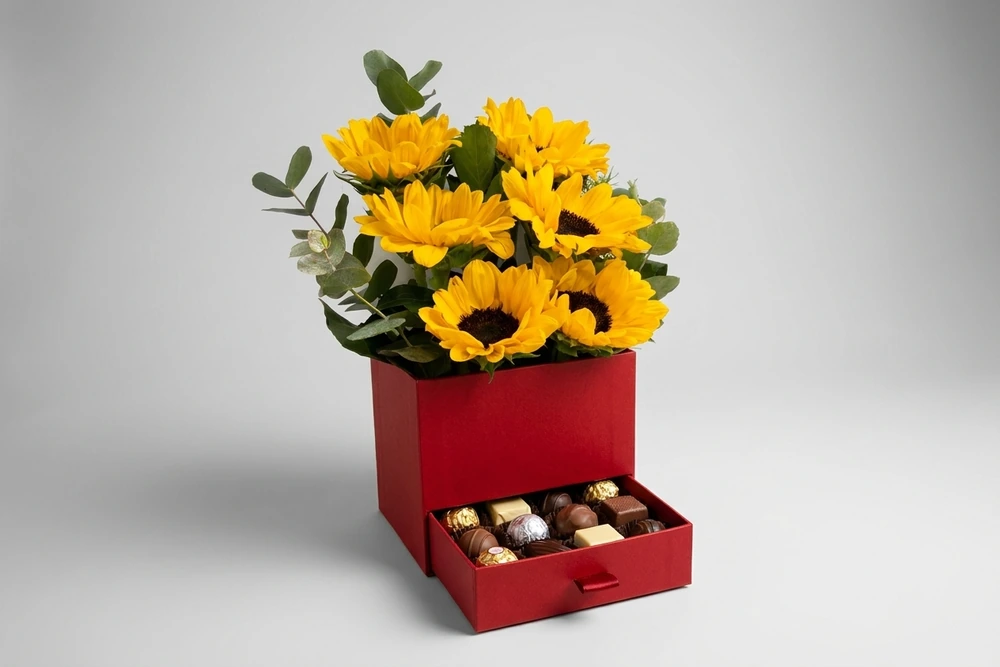 Caixa com Girassóis e Chocolates