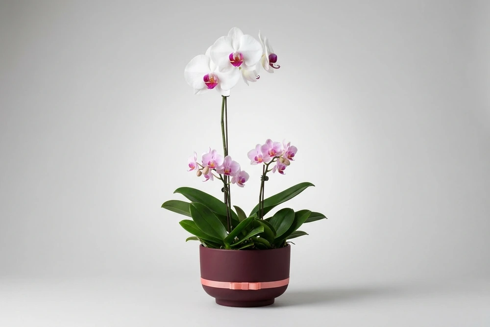 Combo de Orquídeas Brancas – Haste Única + Mini Dupla em Vaso Decorativo Premium