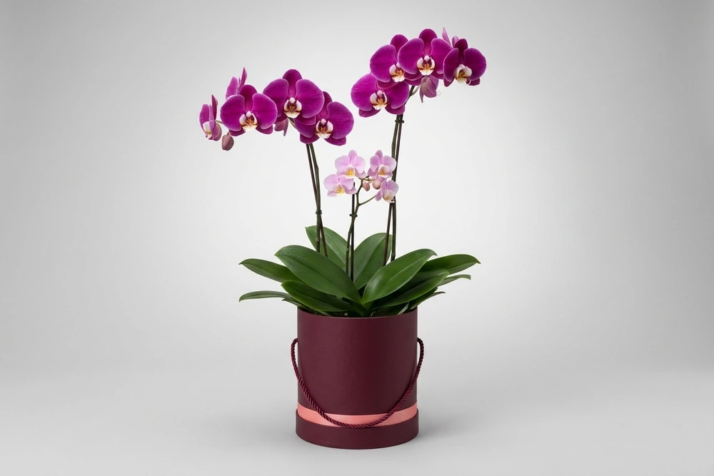 Arranjo com Orquídea Grande e Mini em Cor Especial na Caixa Rosa