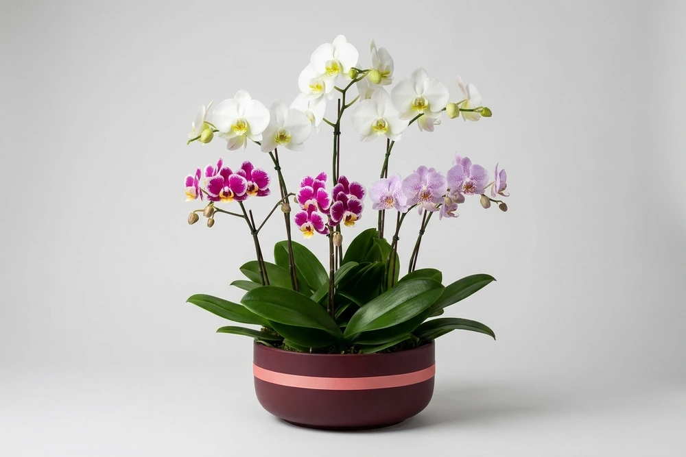 Arranjo de Orquídeas e Mini Orquídeas em vaso moderno de cimento queimado