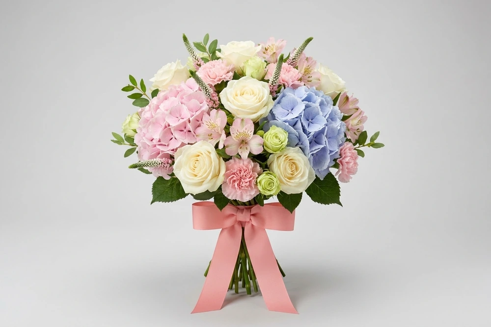 Buquê Romântico de Noiva com Rosas, Hortênsias e Astromélias