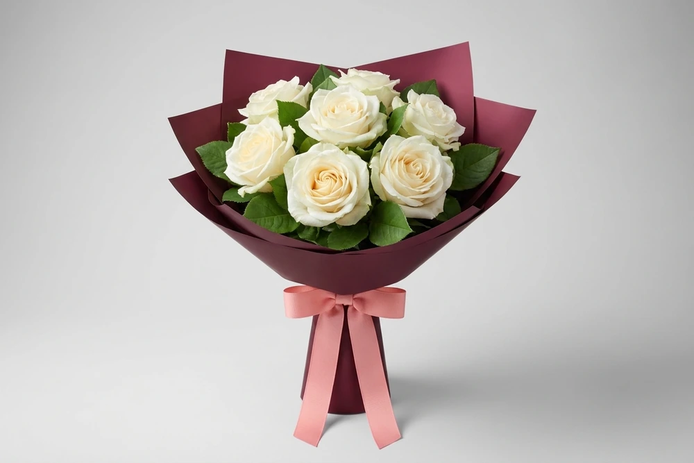 Buquê com 6 Rosas Colombianas Brancas Naturais – Design Elegante e Delicado