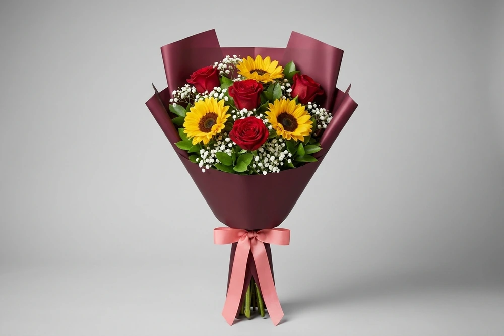 Buquê de Rosas Vermelhas com Girassóis
