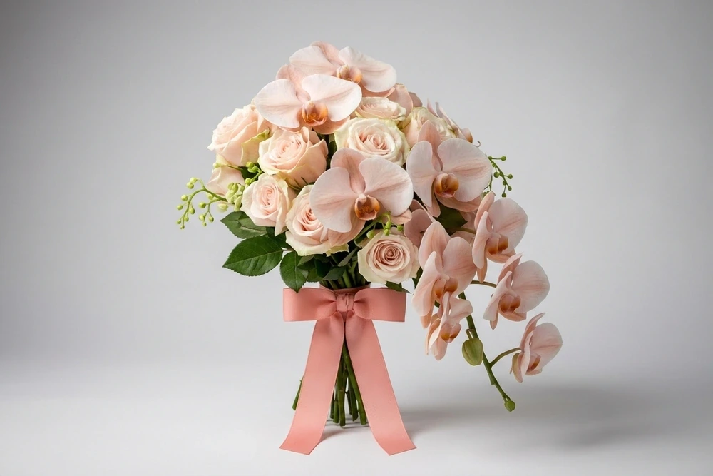 Buquê Cascata de Noiva com Rosas e Orquídeas