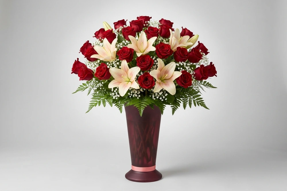 Arranjo de Rosas Vermelhas e Lírios - Símbolo de Elegância