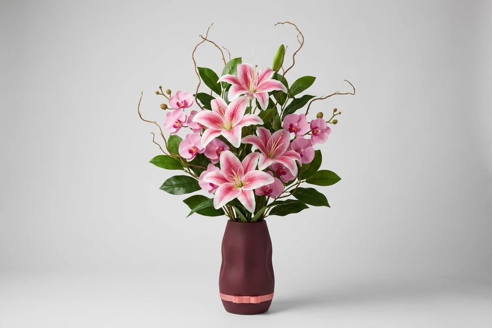 Arranjo Artificial de Lírios e Orquídeas Rosas