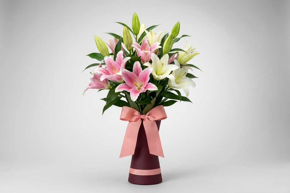 Arranjo Elegante de Lírios Rosas e Brancos - Sofisticação em Vaso de Vidro