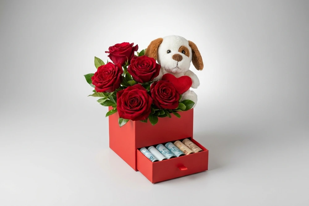 Caixa Presente com Rosas, Pelúcia, Chocolate e Dinheiro