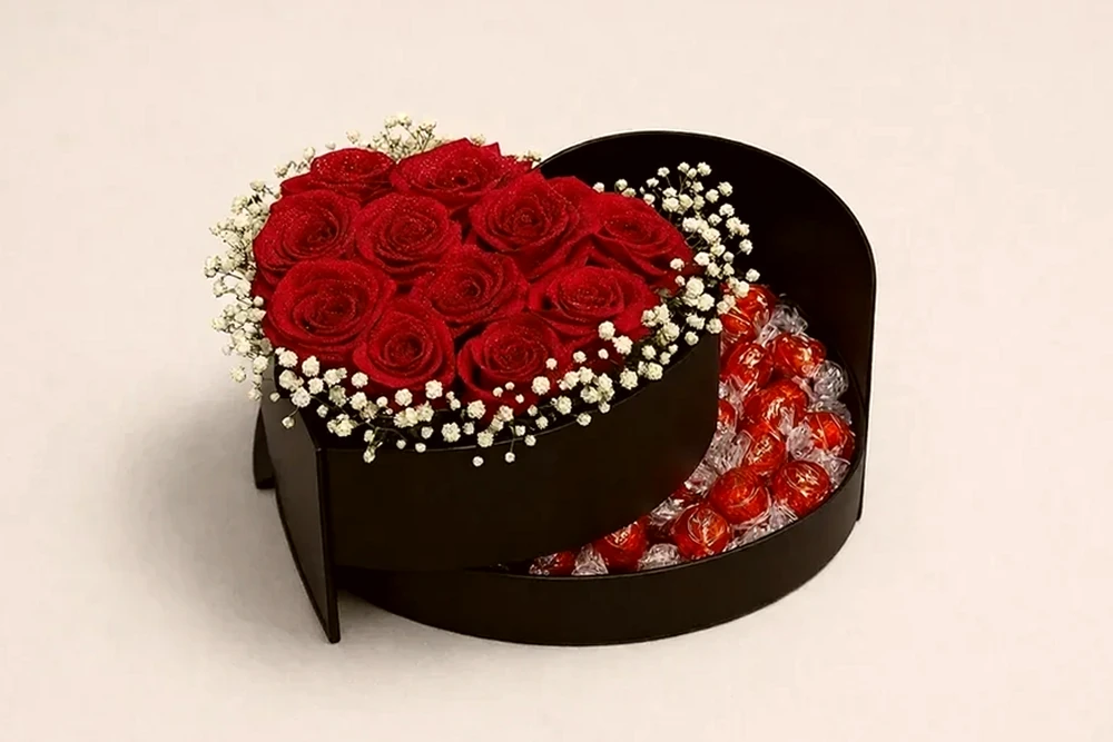 Caixa Coração Dupla com Rosas Vermelhas e Chocolates Lindt – Exclusiva