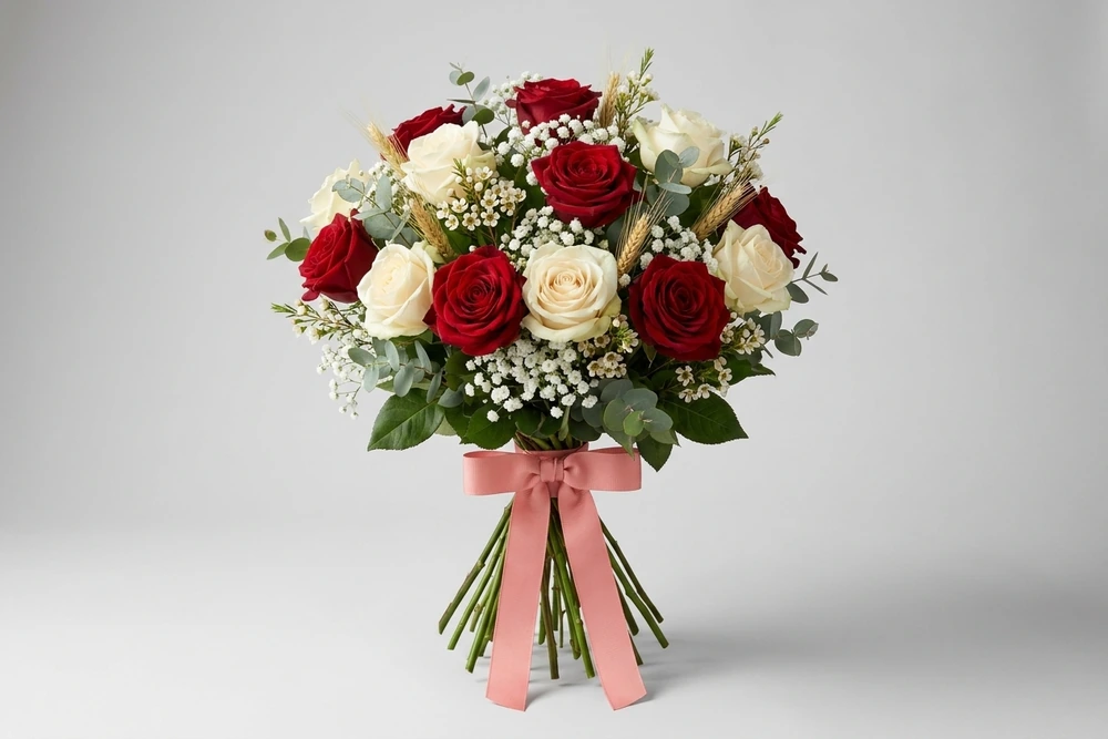 Buquê Clássico com Rosas Vermelhas e Brancas