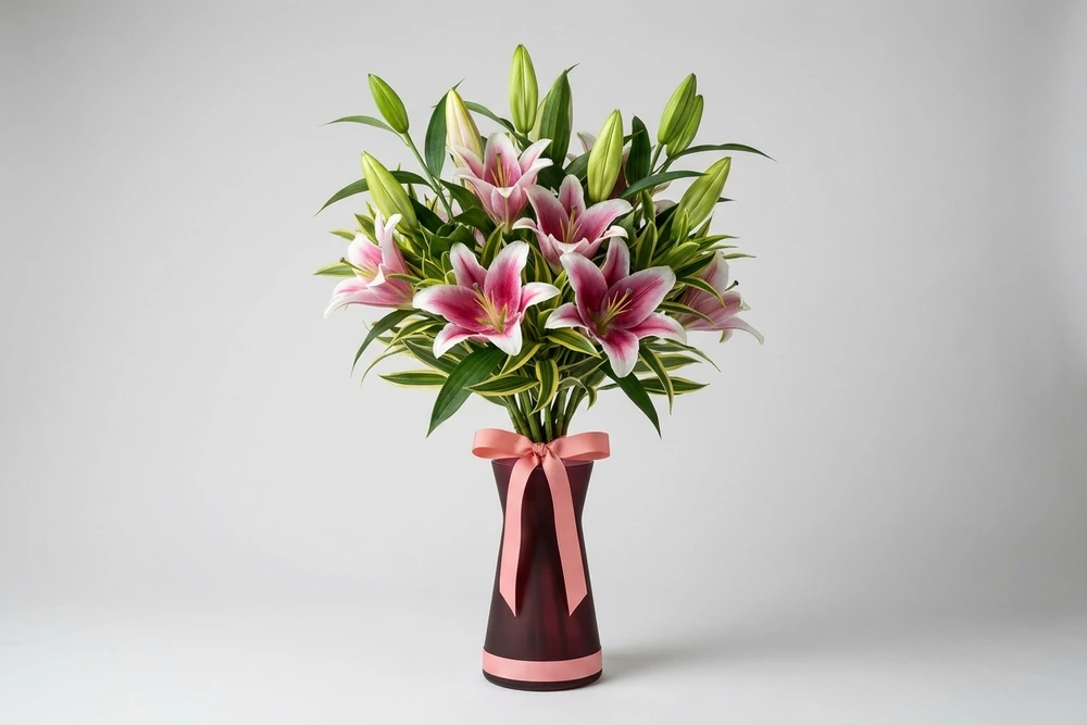 Arranjo Elegante de Lírios Rosas - Um Toque de Sofisticação em Vaso de Vidro