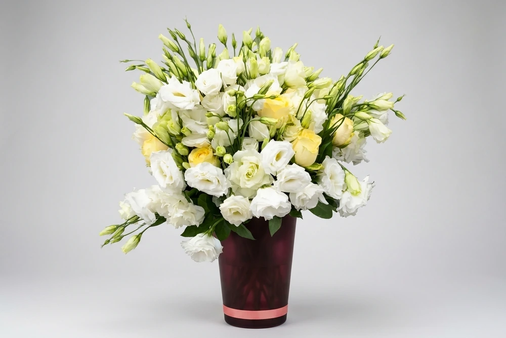 Felicidade Branca Lisianthus com Vaso vidro