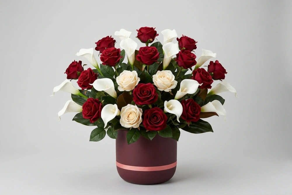 Arranjo Artificial Elegance com Rosas Vermelhas e Copos-de-Leite