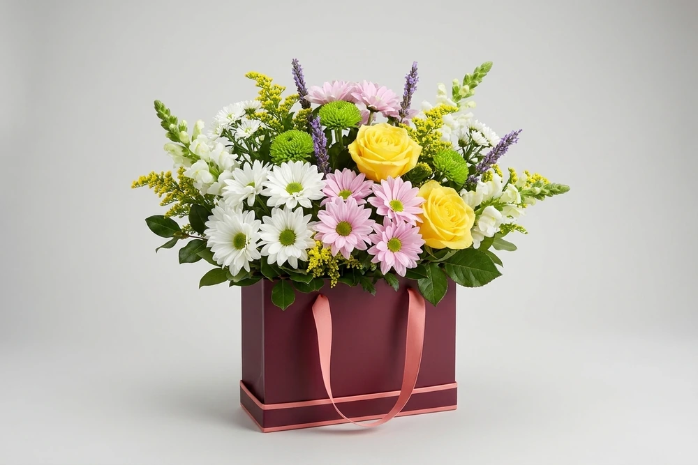 Arranjo de Flores em Bolsa Preta - Elegância e Charme